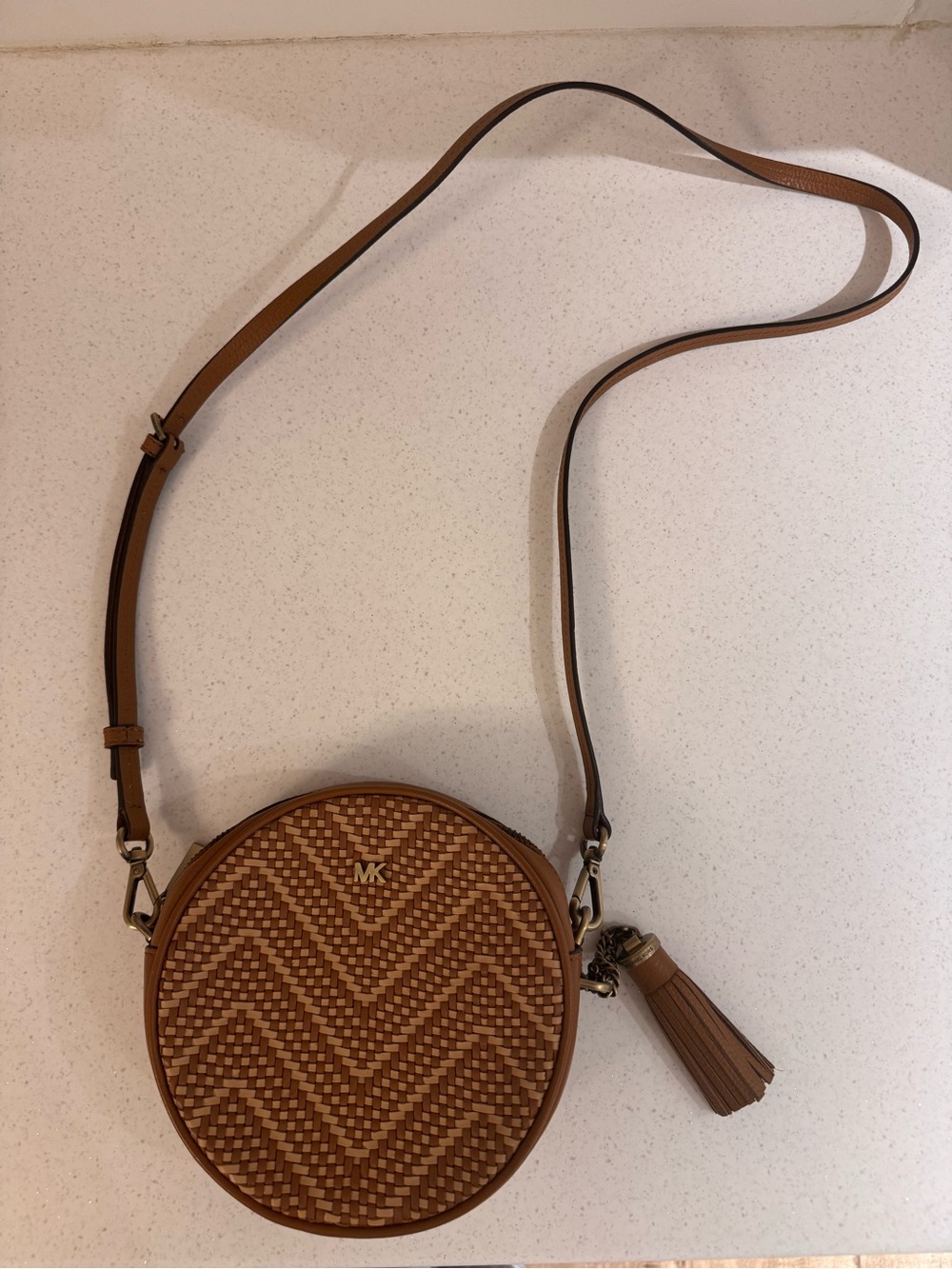 Michael Kors Tan Brown Woven Round Crossbody with Tassel